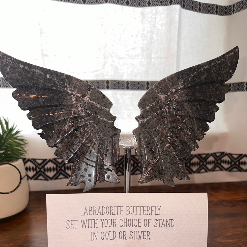 Labradorite crystal butterfly wings with stand.
